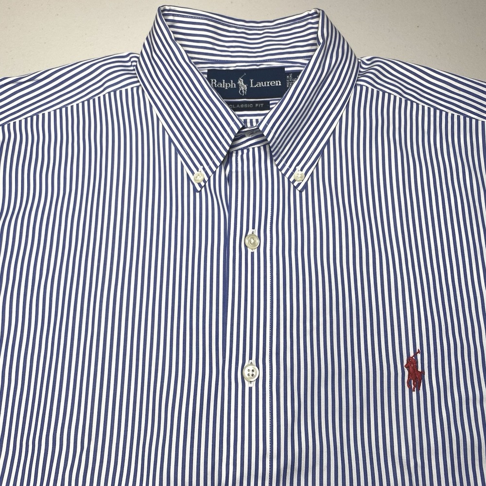 90s Ralph Lauren Shirt 16 34 35 L/S Button Down Classic Poplin Striped Preppy